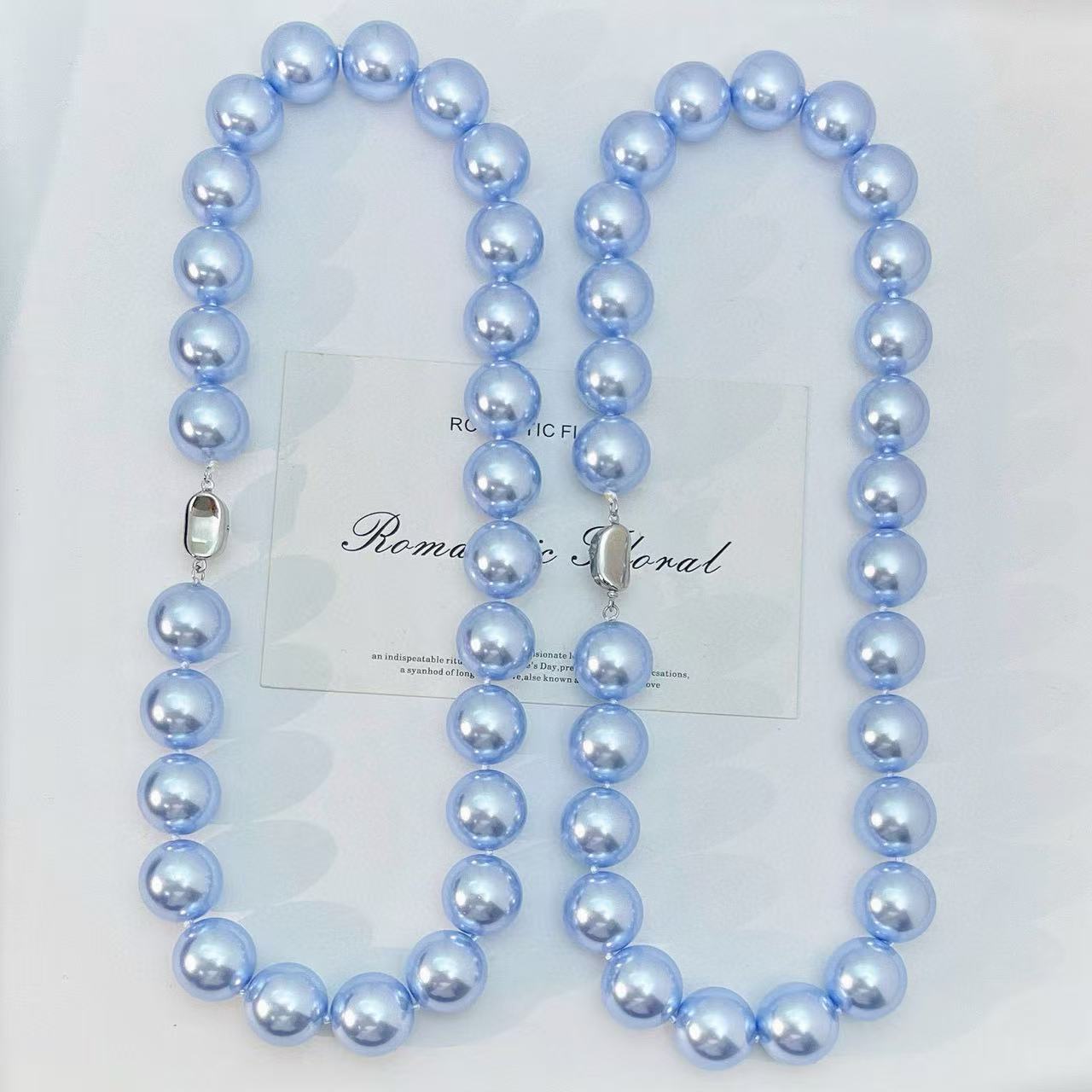 Spring Blue Pearl Necklace - 16mm Misty Grey-Blue Beads, Luxury Collarbone Chain, Birthday Gift for Her