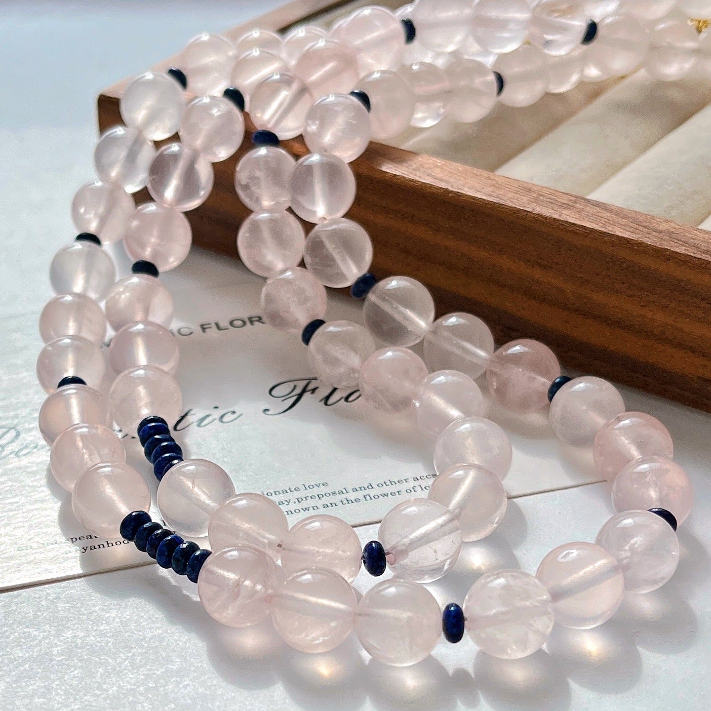 Premium Rose Quartz & Disc Lapis Lazuli Necklace, Unique Women's Fashion Accessory
