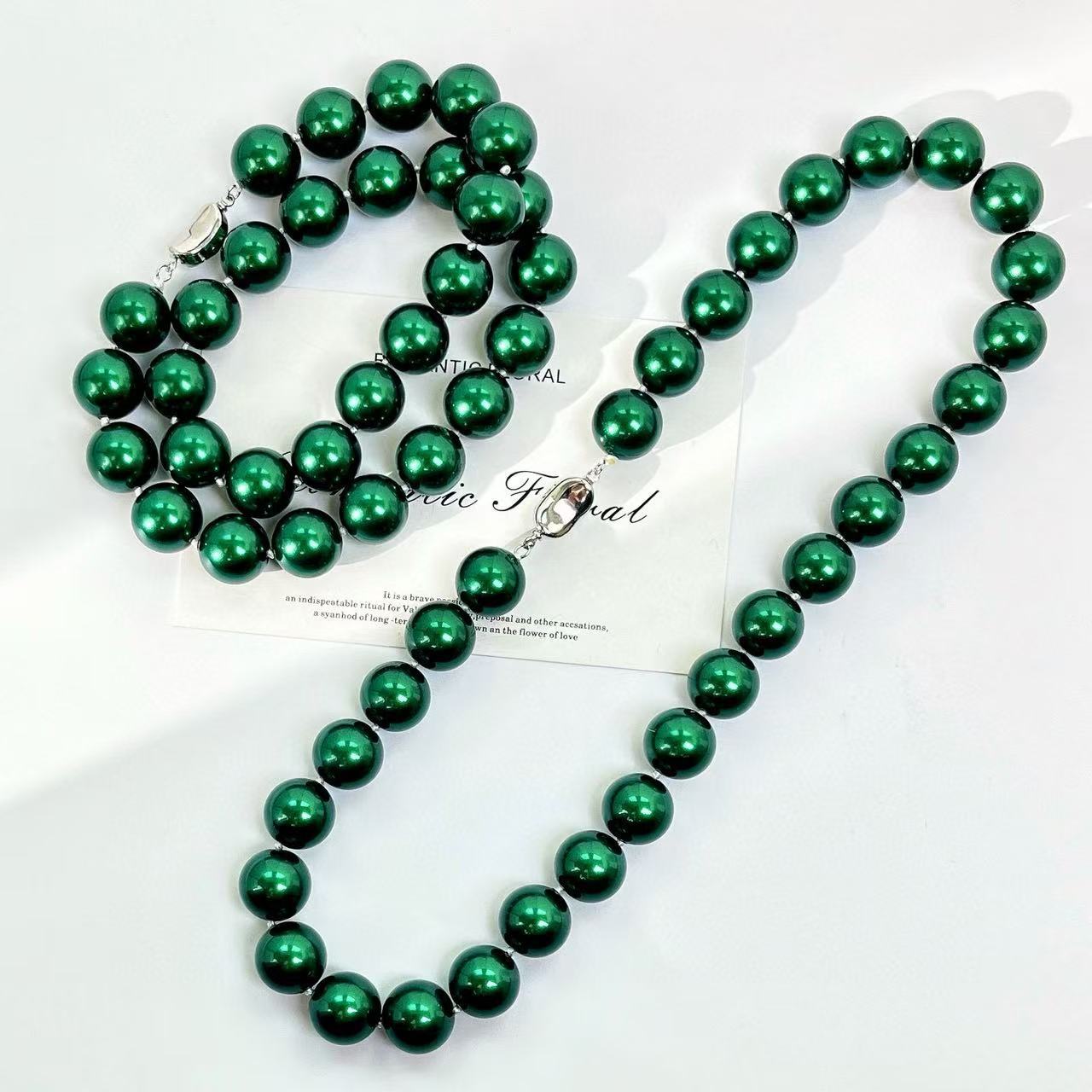 Emerald Pearl Necklace - 14mm High-Luster Beads, Luxury Holiday Gift for Her
