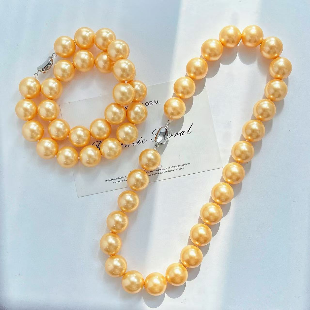 16mm Rich Gold Pearl Necklace - High-End Simulated Pearls, 18K Gold Plated Chain, Spring Statement Jewelry