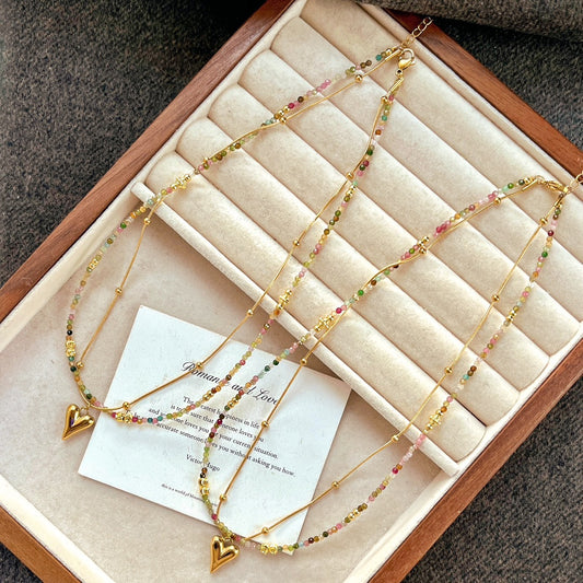 Handmade Natural Tourmaline Necklace, 18K Gold - Plated Chain, Colorful Boho - Glam Jewelry for Her