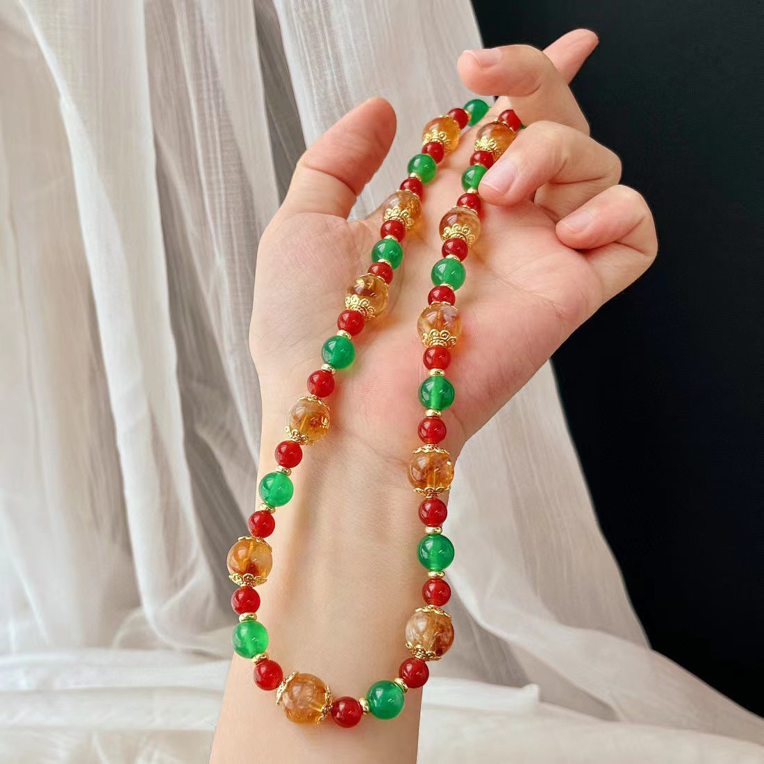 Women’s Boho Necklace: Natural Citrine, Red Agate, Green Chalcedony Beads, Gold - Plated Accents