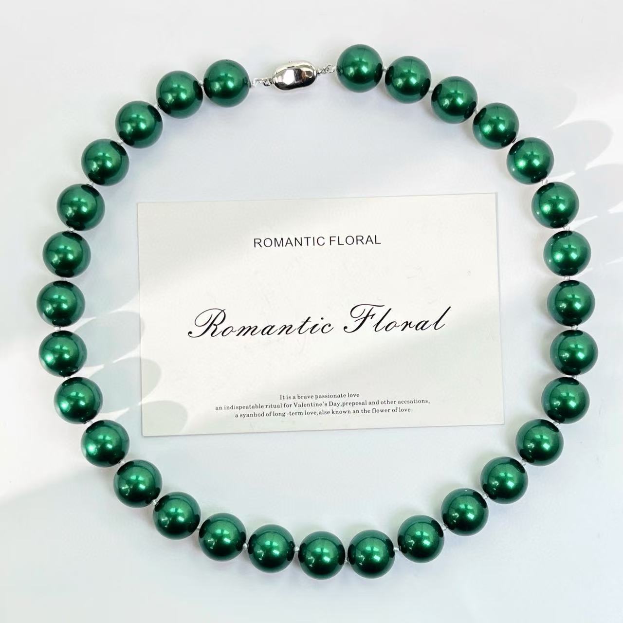 Emerald Pearl Necklace - 14mm High-Luster Beads, Luxury Holiday Gift for Her