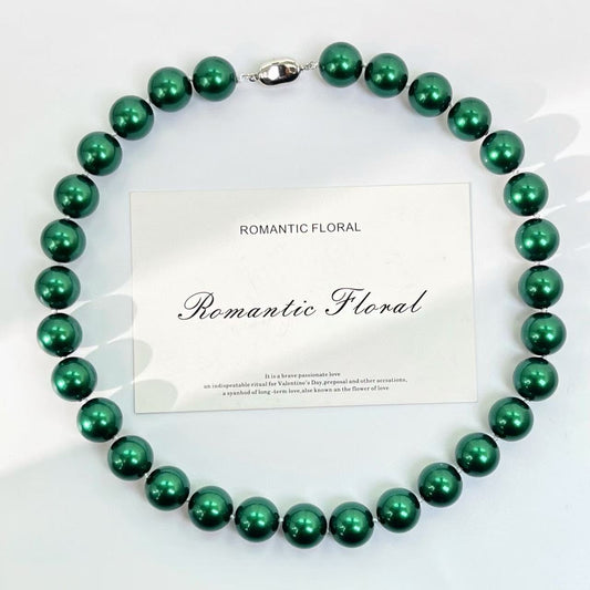 Emerald Pearl Necklace - 14mm High-Luster Beads, Luxury Holiday Gift for Her
