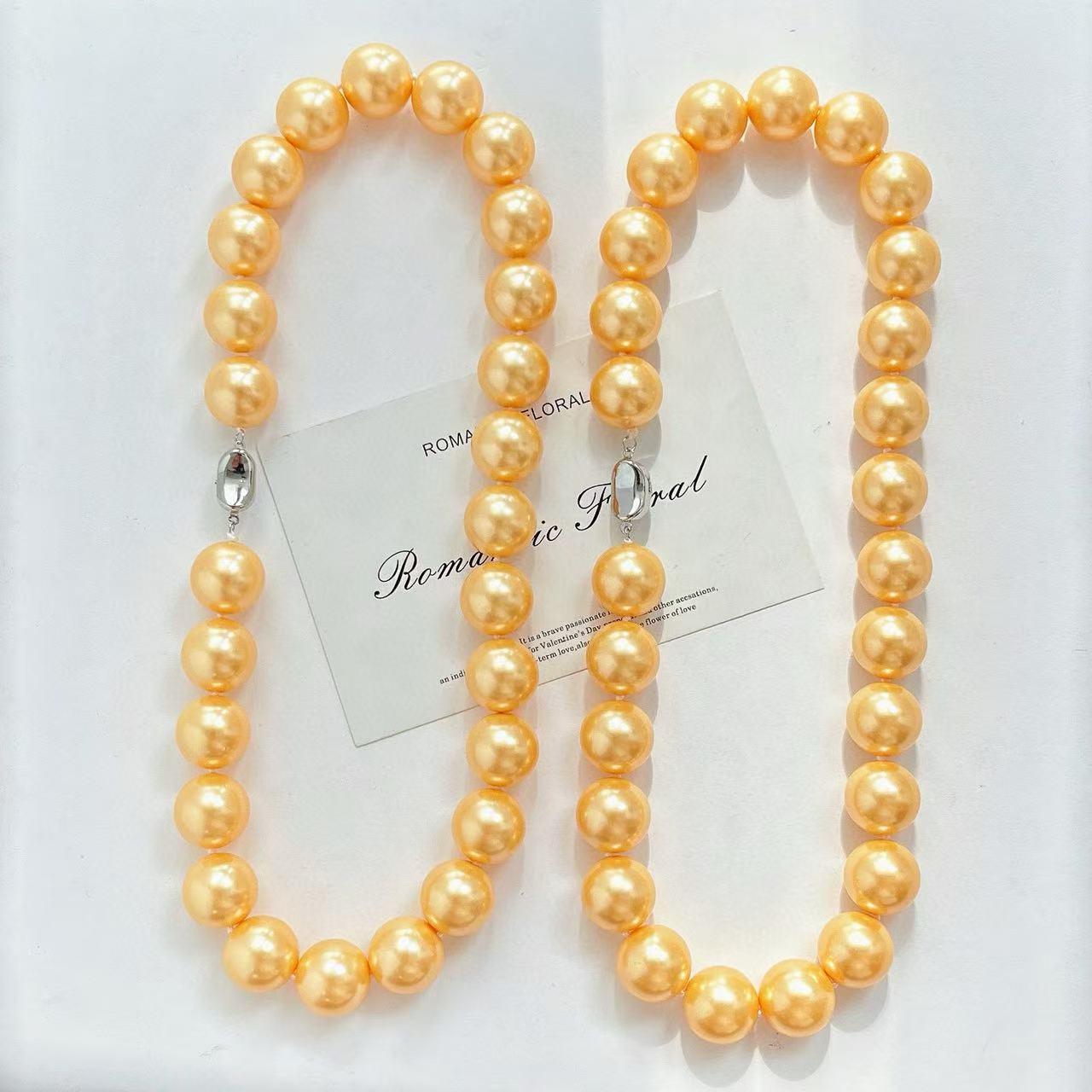16mm Rich Gold Pearl Necklace - High-End Simulated Pearls, 18K Gold Plated Chain, Spring Statement Jewelry