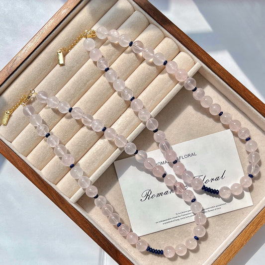 Premium Rose Quartz & Disc Lapis Lazuli Necklace, Unique Women's Fashion Accessory