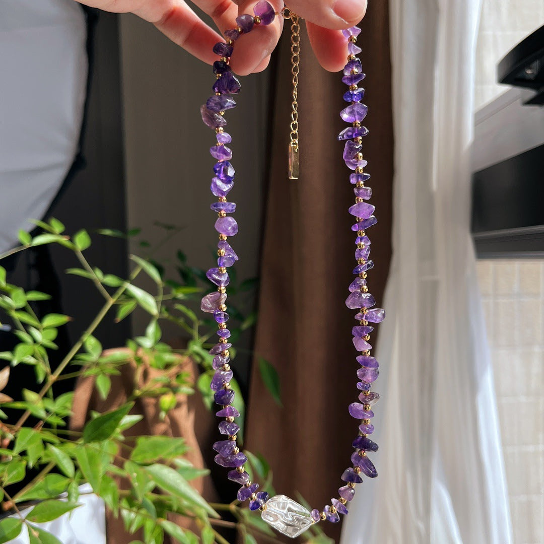 Handcrafted Irregular Amethyst & Clear Quartz Necklace, One - of - a - Kind Gemstone Jewelry for Her
