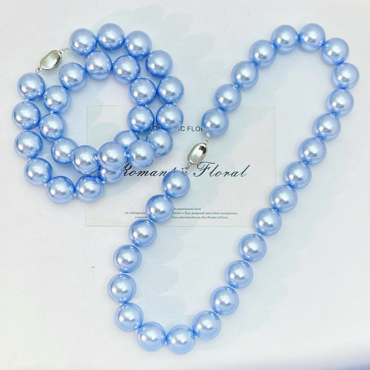 Spring Blue Pearl Necklace - 16mm Misty Grey-Blue Beads, Luxury Collarbone Chain, Birthday Gift for Her