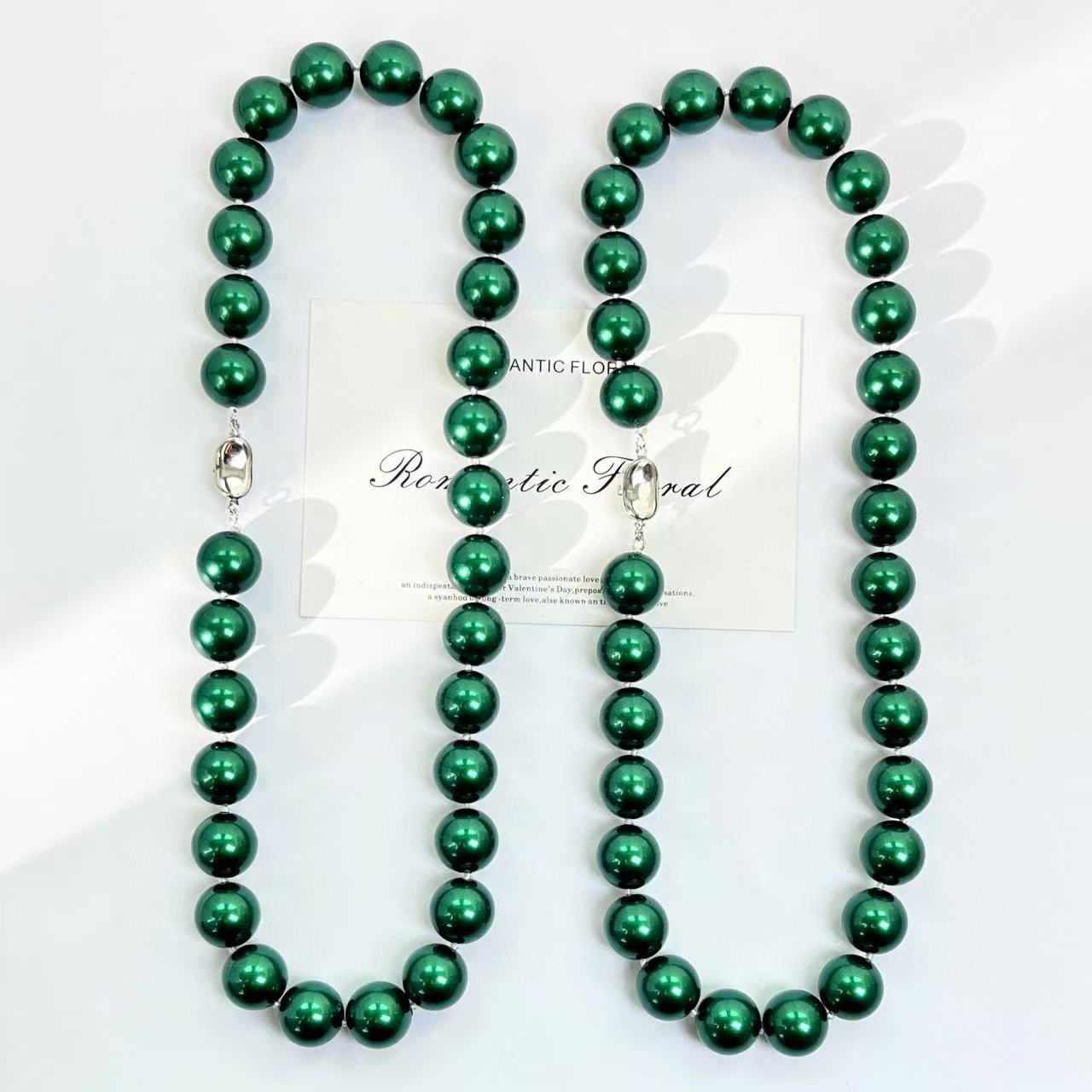 Emerald Pearl Necklace - 14mm High-Luster Beads, Luxury Holiday Gift for Her