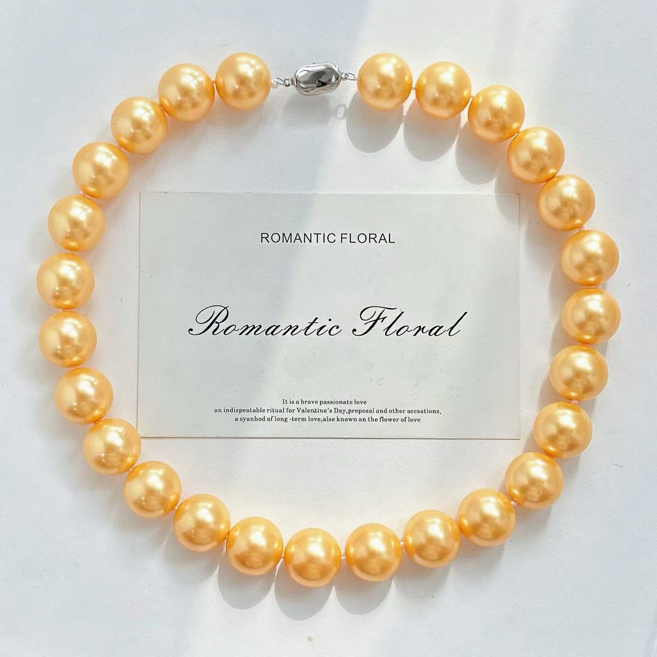 16mm Rich Gold Pearl Necklace - High-End Simulated Pearls, 18K Gold Plated Chain, Spring Statement Jewelry