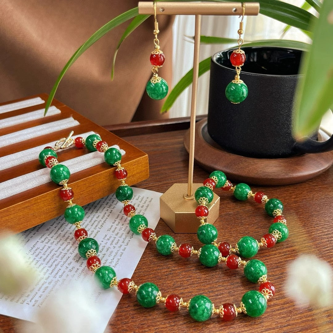 Boho Gemstone Jewelry Set - Carnelian Red & Jade Green Mix, Complete 3-Piece Gift Collection