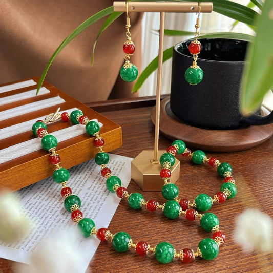 Boho Gemstone Jewelry Set - Carnelian Red & Jade Green Mix, Complete 3-Piece Gift Collection