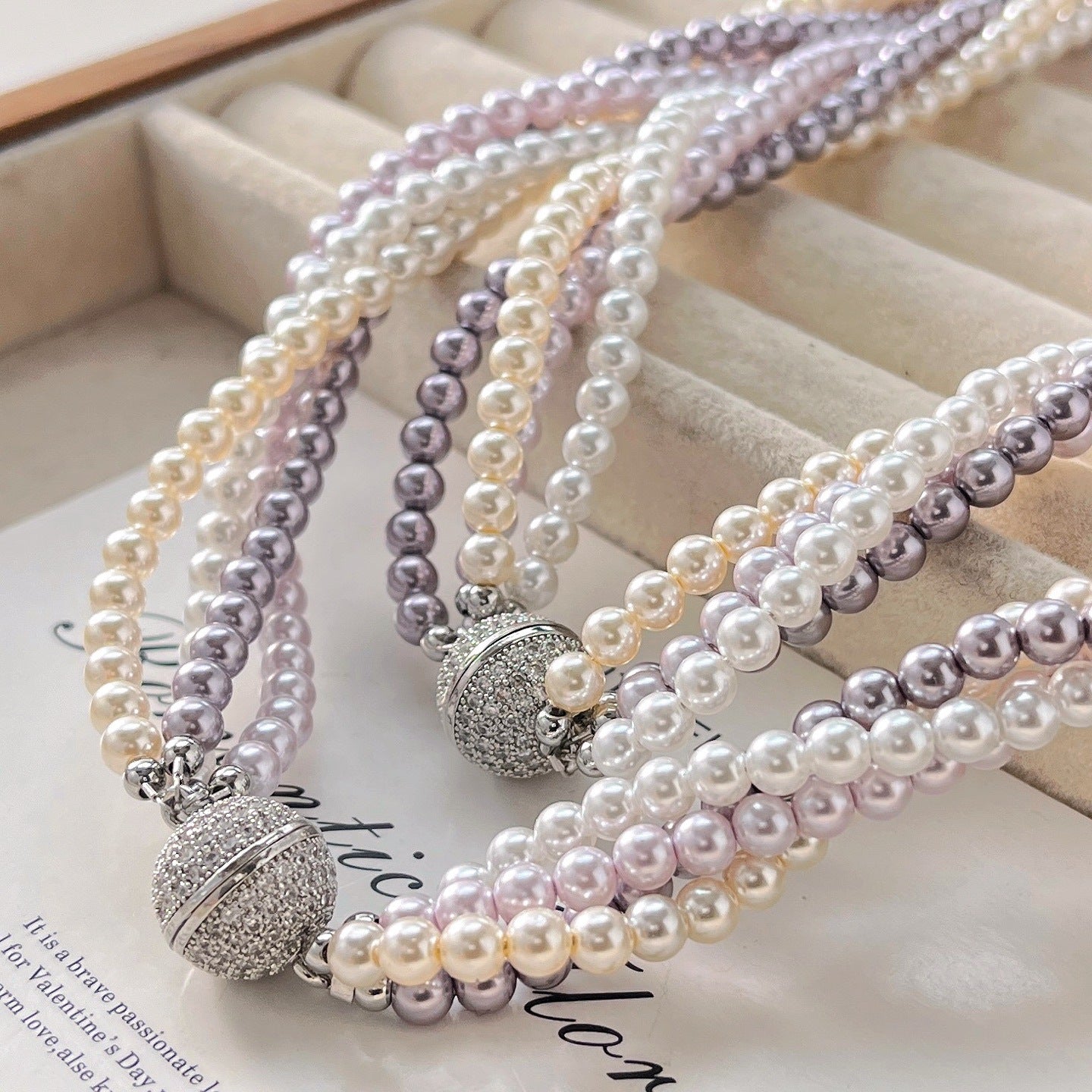 Artificial Crystal Pearl Multistrand Necklace, Magnetic Clasp with Micro - Set Zircons, Elegant Women's Accessory