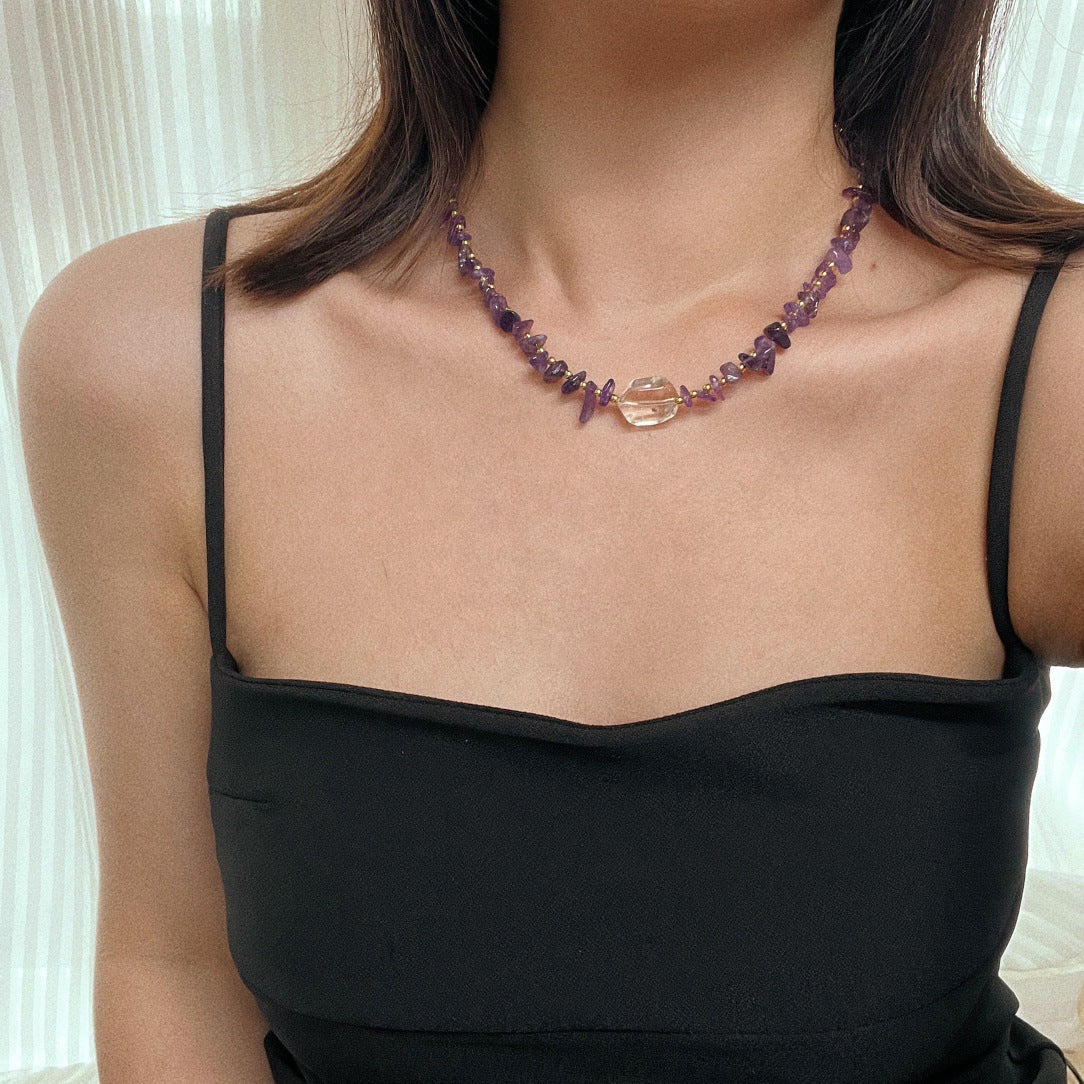 Handcrafted Irregular Amethyst & Clear Quartz Necklace, One - of - a - Kind Gemstone Jewelry for Her