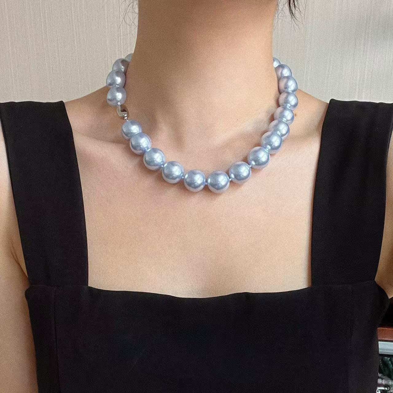 Spring Blue Pearl Necklace - 16mm Misty Grey-Blue Beads, Luxury Collarbone Chain, Birthday Gift for Her