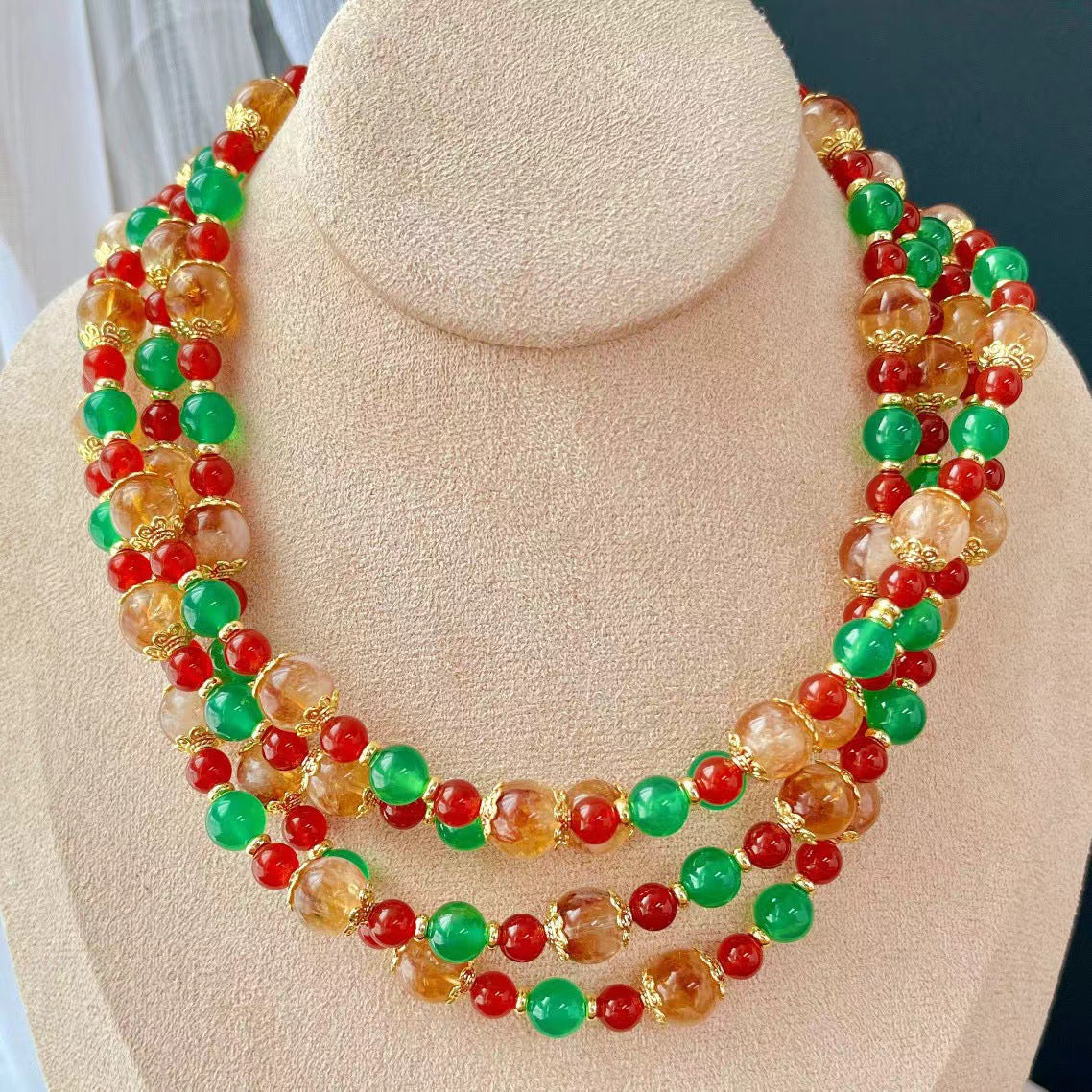 Women’s Boho Necklace: Natural Citrine, Red Agate, Green Chalcedony Beads, Gold - Plated Accents