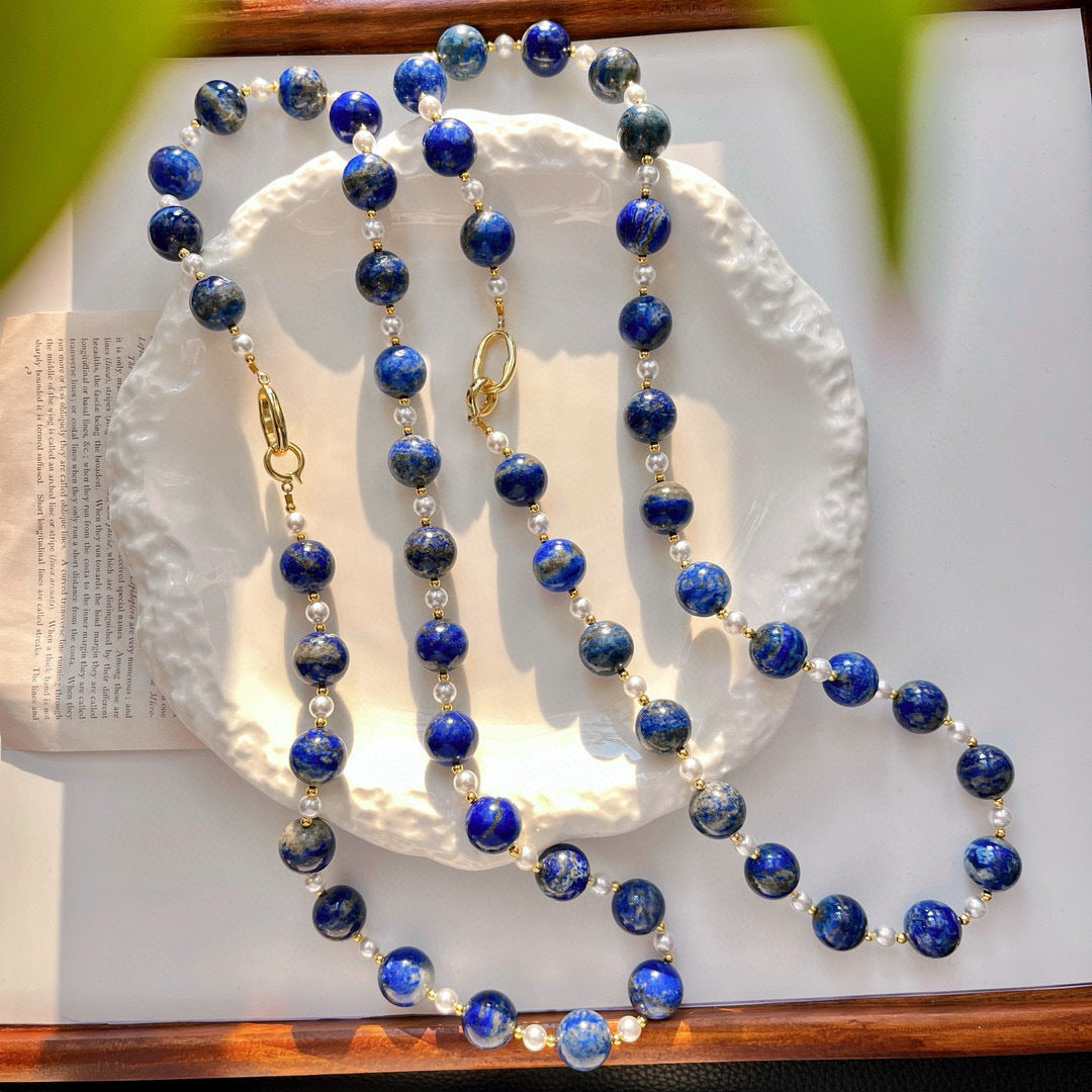 14mm Vintage Chinese Lapis Lazuli Necklace, Faux Crystal Pearl Star Pattern, High - Quality Winter Sweater Chain