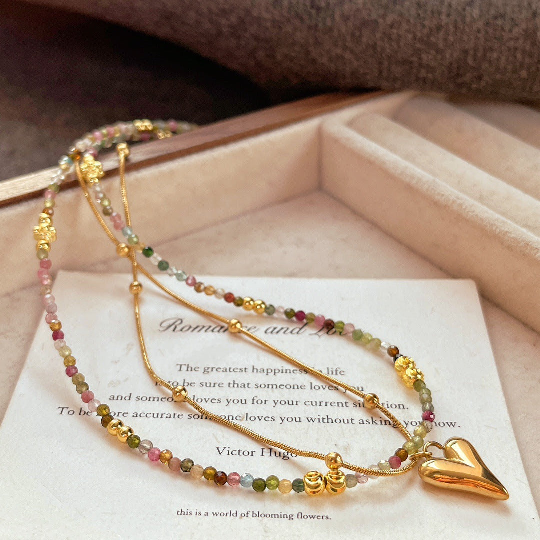 Handmade Natural Tourmaline Necklace, 18K Gold - Plated Chain, Colorful Boho - Glam Jewelry for Her