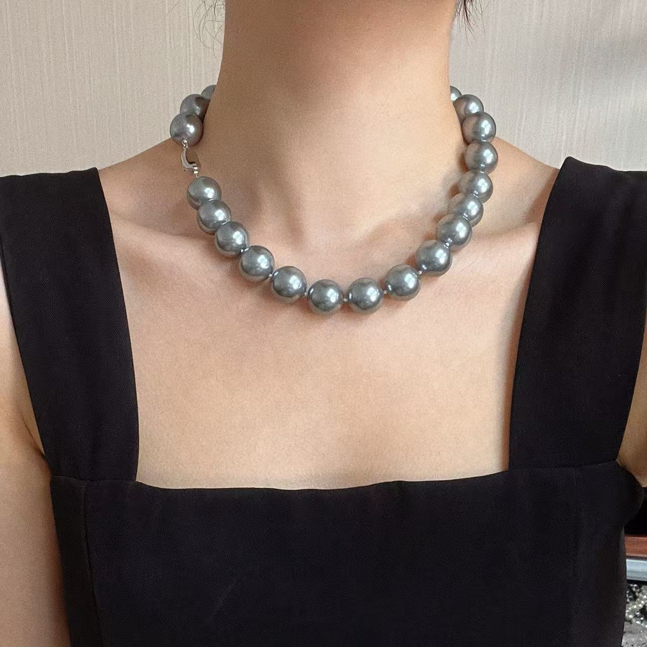 16mm Dark Gray Faux Crystal Pearl Necklace, High - Quality Round Choker for Spring Look